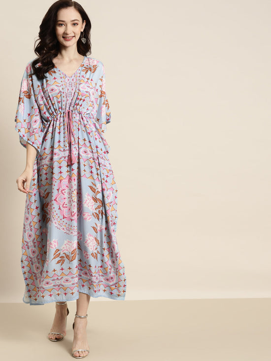 Women Sky Blue Floral Kaftan Dress