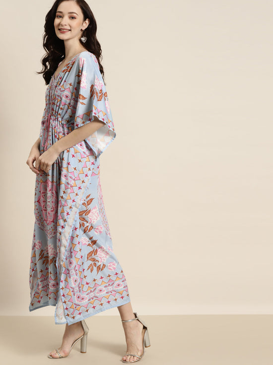 Women Sky Blue Floral Kaftan Dress