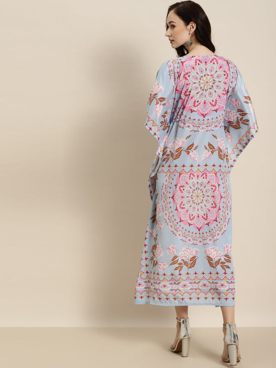 Women Sky Blue Floral Kaftan Dress