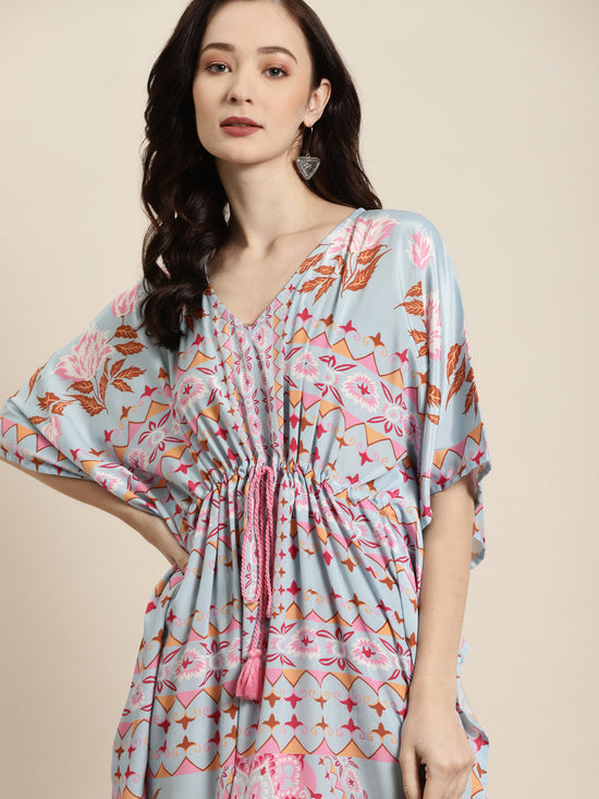 Women Sky Blue Floral Kaftan Dress