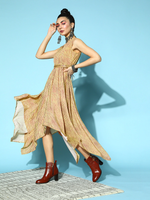 Women Mustard Lehariya Asymmetrical Dress