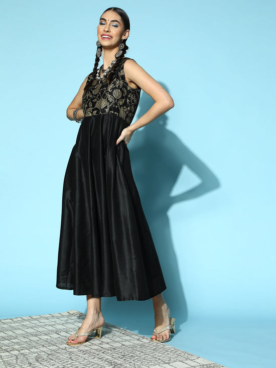 Women Black Brocade Sleeveless Anarkali Maxi