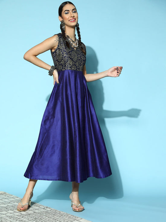 Women Navy Brocade Sleeveless Anarkali Maxi