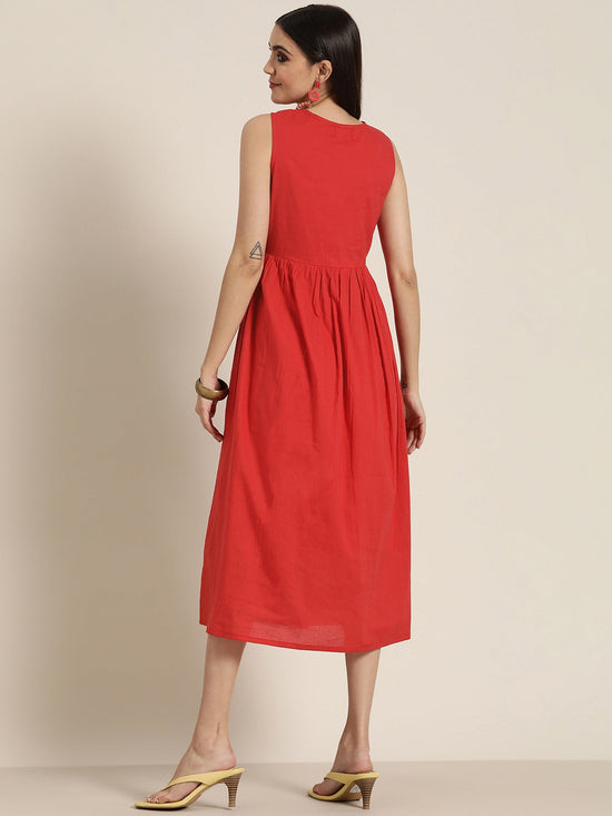 Women Red Lehariya Gota Lace Gathered Dress