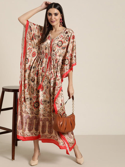 Women Beige & Red Floral Kaftan Dress