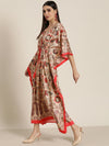 Women Beige & Red Floral Kaftan Dress