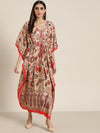 Women Beige & Red Floral Kaftan Dress