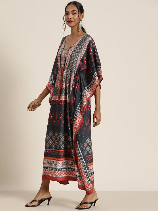 Women Navy & Rust Floral Kaftan Dress