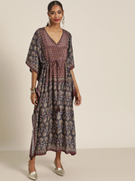 Women Navy & Brown Floral Kaftan Dress