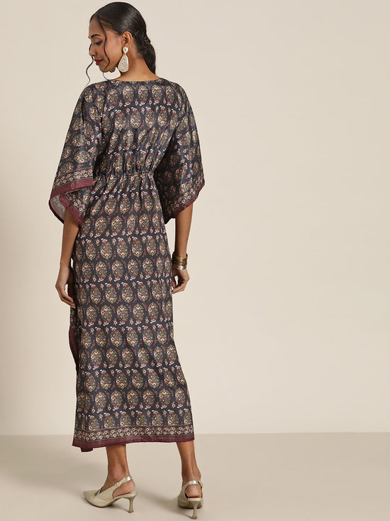 Women Navy & Brown Floral Kaftan Dress