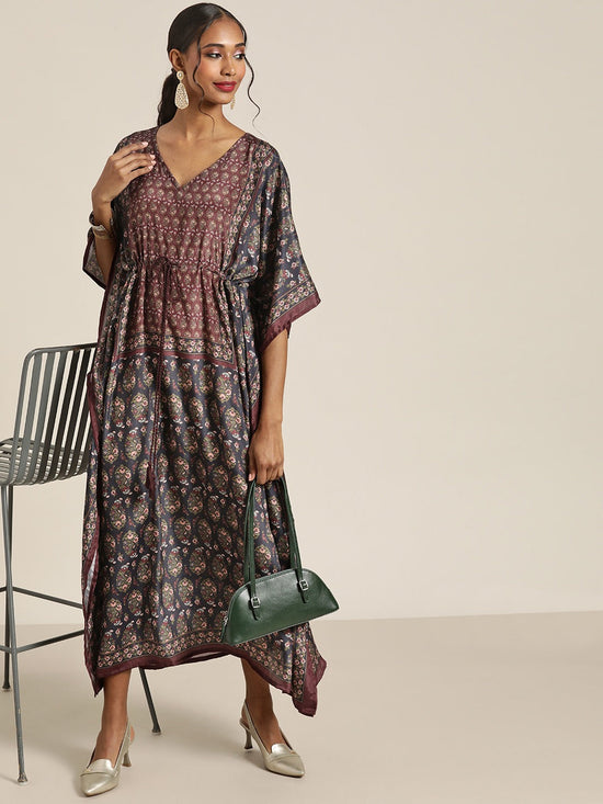 Women Navy & Brown Floral Kaftan Dress