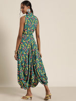 Women Teal Floral Shirt Collar Dhoti Dress