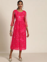 Women Fuchsia Tulle Sequins Gathered Dress