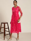 Women Fuchsia Tulle Sequins Gathered Dress