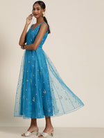 Women Teal Tulle Sequins Sleeveless Anarkali Maxi