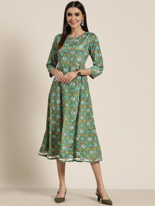 Women Green Patola Anarakali Dress