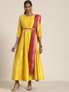 Women Mustard Anarkali Maxi With Fuchsia Striped Dupatta