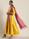 Women Mustard Anarkali Maxi With Fuchsia Striped Dupatta