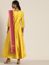 Women Mustard Anarkali Maxi With Fuchsia Striped Dupatta