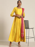 Women Mustard Anarkali Maxi With Fuchsia Striped Dupatta