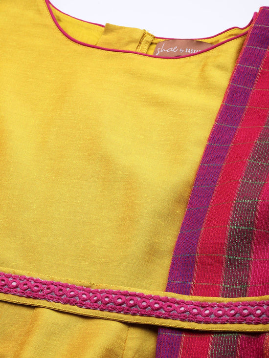 Women Mustard Anarkali Maxi With Fuchsia Striped Dupatta