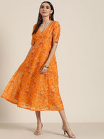 Women Mustard Floral V Neck Anarkali Dress