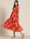 Women Red Floral V Neck Anarkali Dress