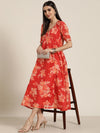 Women Red Floral V Neck Anarkali Dress