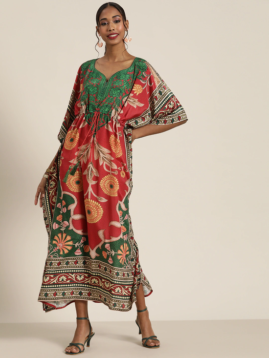 Women Red & Green Floral Kaftan Dress