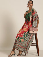 Women Red & Green Floral Kaftan Dress