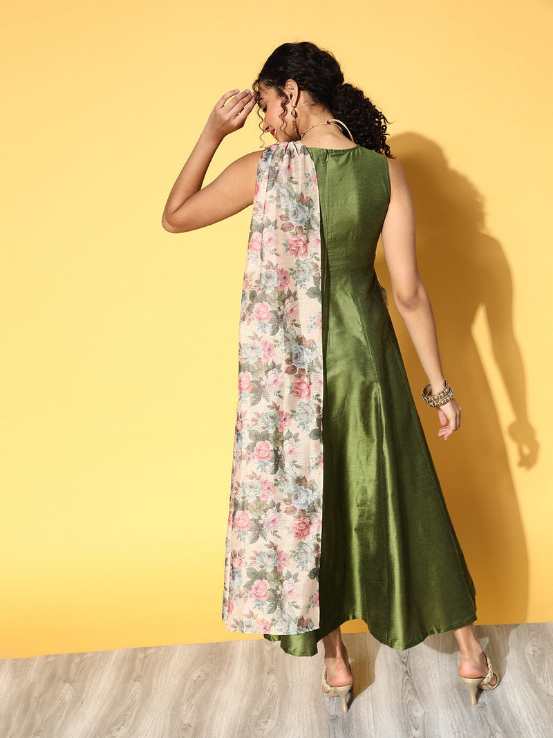 Women Olive Anarkali Maxi With Beige Floral Drape Dupatta
