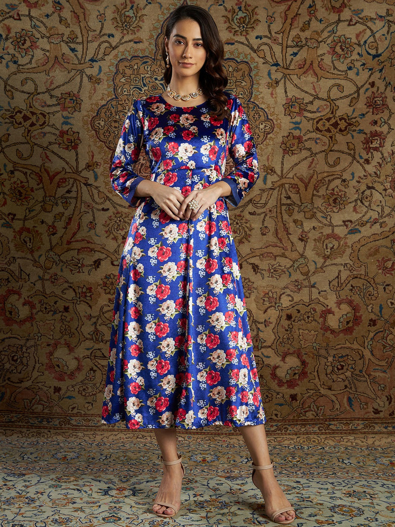 Women Royal Blue Floral Velvet Printed Anarkali Dress