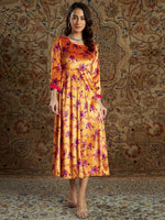 Women Orange Floral Velvet Printed Anarkali Dress