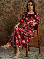Women Maroon Floral Velvet Printed Anarkali Dress