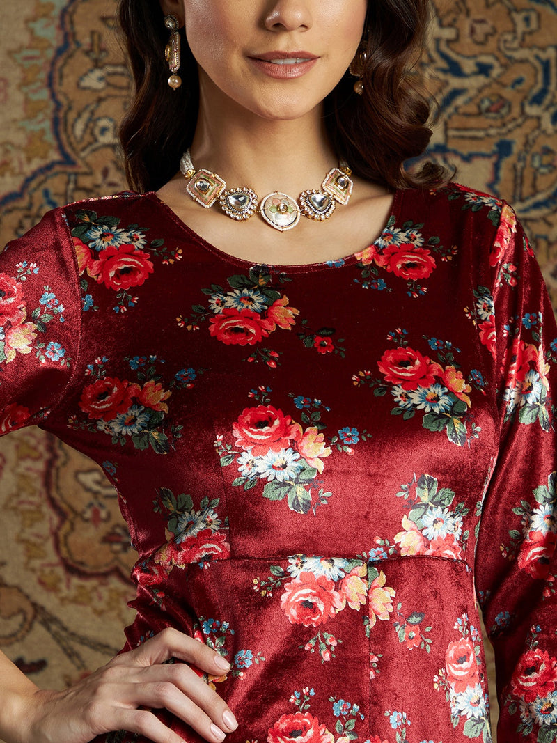 Women Maroon Floral Velvet Printed Anarkali Dress