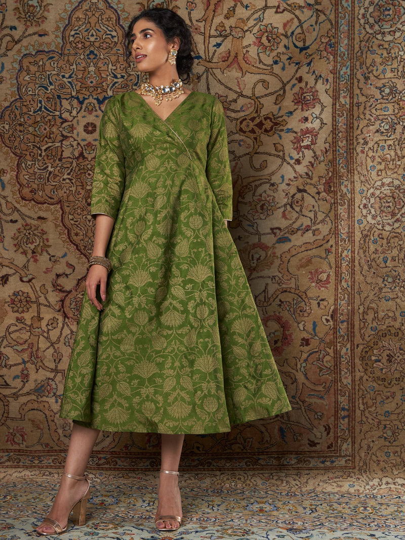 Women Green Brocade Floral Anarkali Dress