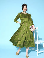 Women Green Cotton Silk Foil Anarkali Dress