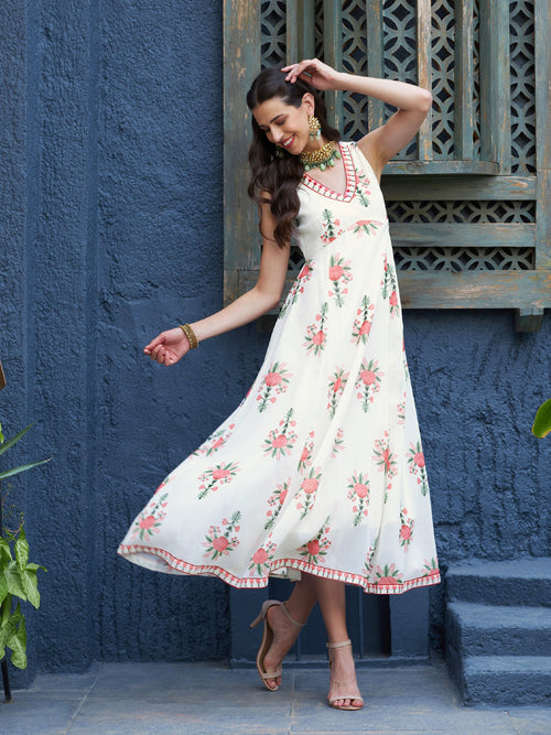 Women Off White Floral Slant Empire Seam Maxi Dress