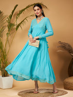 Women Blue Gota Lace Detail Anarkali Maxi Dress