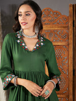 Women Green Embroidered Sleeve Gathered Dress