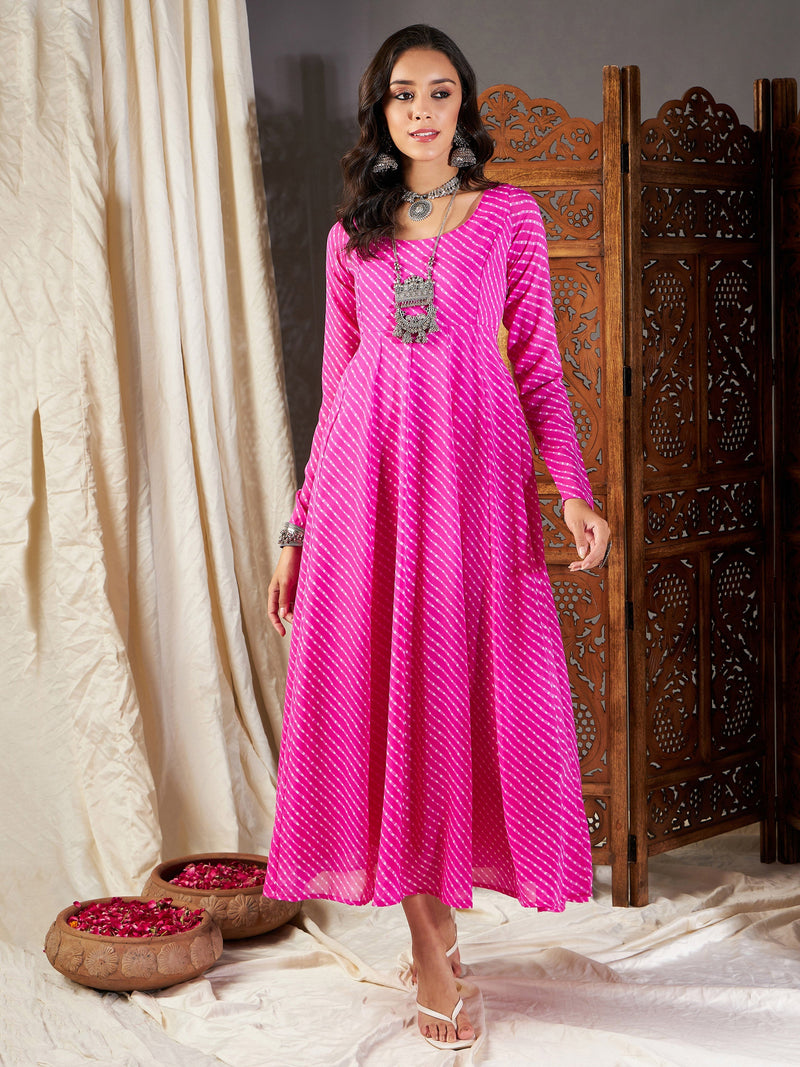 Women Pink Lehariya Anarkali Dress