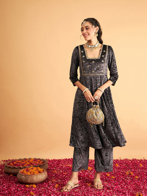 Women Grey Velvet Embroidered Anarkali Dress