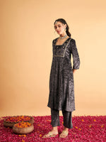 Women Grey Velvet Embroidered Anarkali Dress