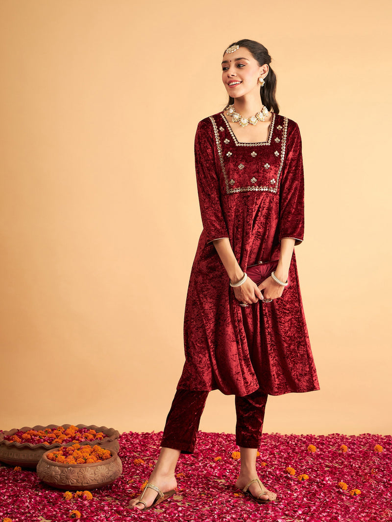 Women Maroon Velvet Embroidered Anarkali Dress