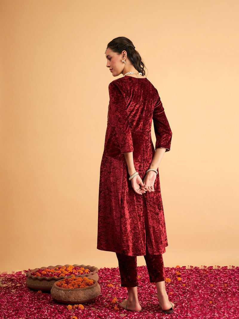 Women Maroon Velvet Embroidered Anarkali Dress