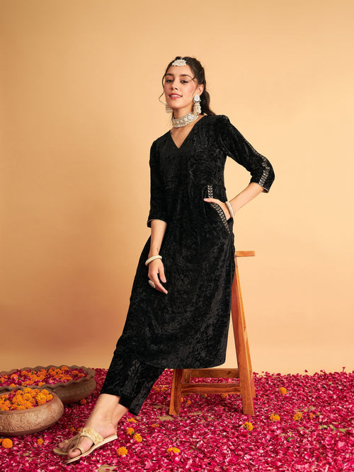 Women Black Velvet Embroidered Pocket Anarkali Dress