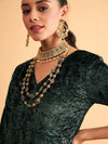 Women Emerald Velvet Embroidered Pocket Anarkali Dress