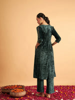 Women Emerald Velvet Embroidered Pocket Anarkali Dress