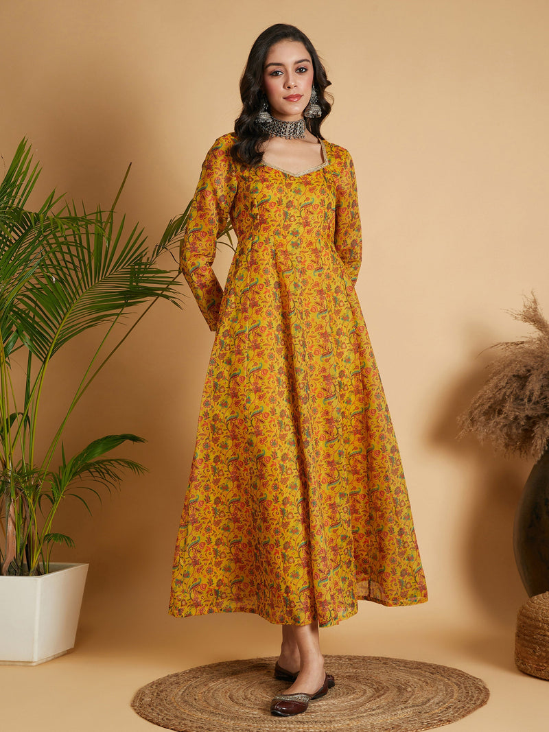 Women Mustard Floral Anarkali Maxi Dress