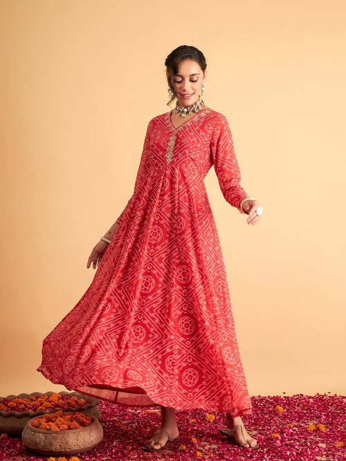 Women Red & White Bandhej Anarkali Dress